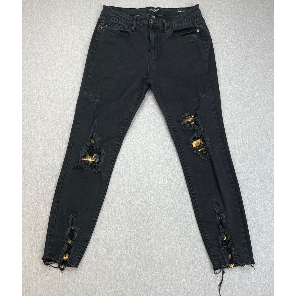 Judy Blue Jeans Womens 11 / 30 Black Stretch Distressed Skinny Leopard Patch